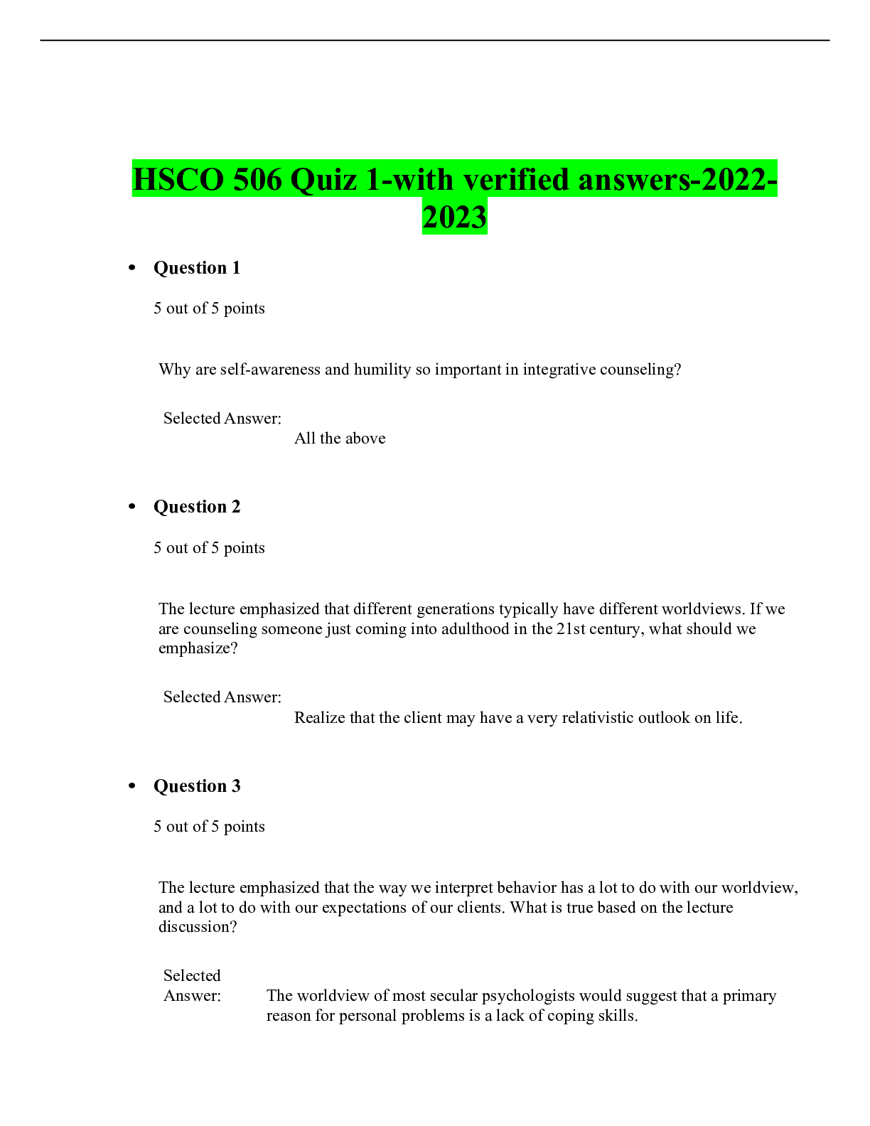 Preview image for HSCO 506 Quiz 1-with verified answers-2022-2023